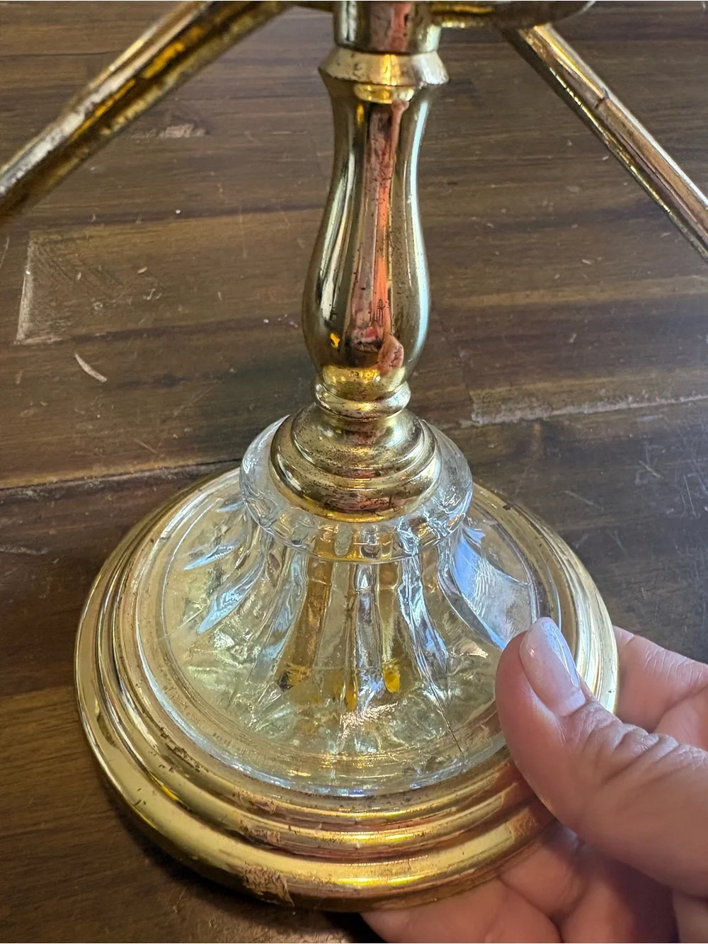 Vintage Teleflora 3 Arm Knotted Brass Gold Pressed Glass Candelabra Centerpiece